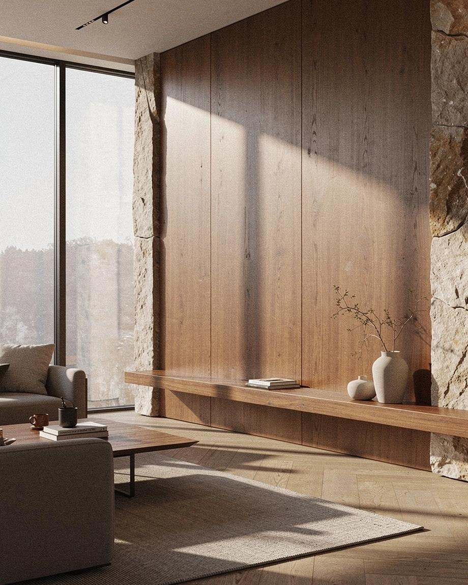 Ateliérová studie interiéru s teplými materiály